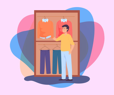 Young man buying clothes in retail store flat vector illustration. Cartoon male character choosing outfit. Fashion, shopping mall concept for banner or landing pageのイラスト素材