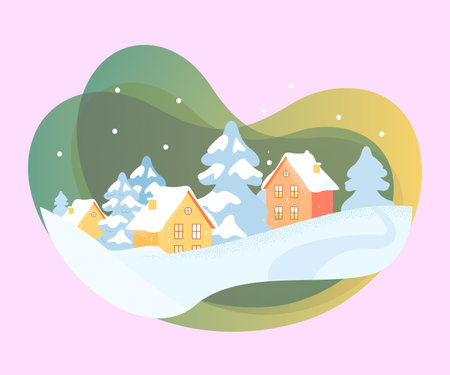 Winter landscape with houses and fur trees covered with snow. Snow falling flat vector illustration. Winter, holidays season concept for banner or landing pageのイラスト素材