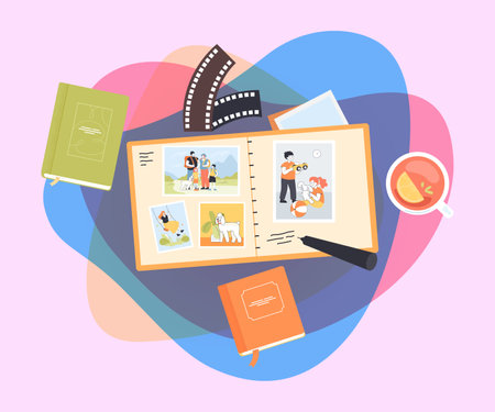 Retro photo album full of happy memories. Top view of photo albums, retro film, cup with tea with lemon flat vector illustration. Lifestyle, memories, hobby concept for banner or website designのイラスト素材