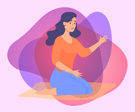 Female yoga teacher sitting on mat ready for class. Woman practicing yoga flat vector illustration. Yoga practice, meditation concept for banner or landing pageのイラスト素材