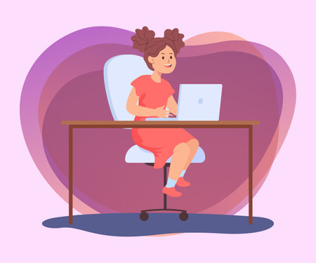 Female cartoon student using laptop in classroom. Schoolgirl sitting at desk with computer in class flat vector illustration. Education, technology concept for bannerのイラスト素材