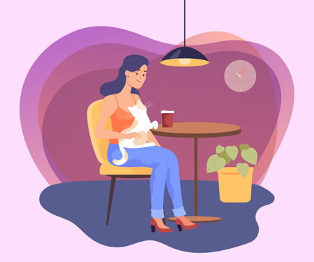 Young woman drinking coffee at pet cafe. Pet and eco friendly restaurant, female cartoon character with cat flat vector illustration. Pets, coffee shop concept for banner, website designのイラスト素材