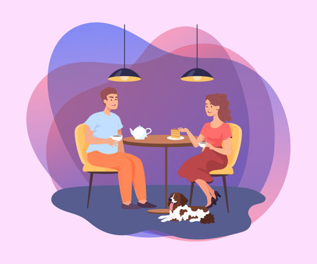 Happy couple drinking tea at home. Cartoon characters with pet dog spending evening together flat vector illustration. Pet, tea time, romance concept for banner, web designのイラスト素材
