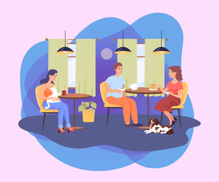 Happy people ordering food and drinks at pet cafe. Pet and eco friendly restaurant, cartoon characters with cat and dog flat vector illustration. Pets, coffee shop concept for banner, website designのイラスト素材