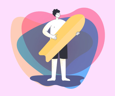 Young male cartoon character with surfboard. Man in swimming trunks going surfing flat vector illustration. Summer activities, traveling, hobby conceptのイラスト素材