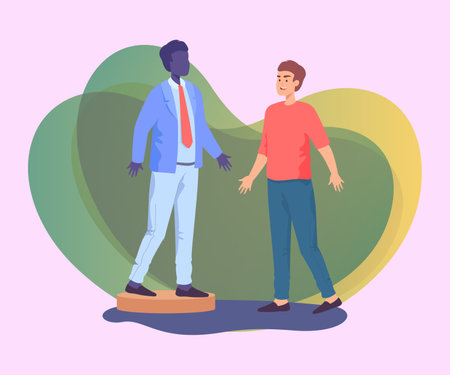 Man in casual clothes choosing formal wear in retail store flat vector illustration. Cartoon male characters looking at mannequin in business suit. Fashion, shopping mall conceptのイラスト素材