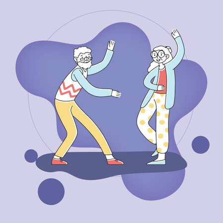 Happy old couple dancing flat vector illustration. Cartoon grandfather and grandmother enjoying music at home. Entertainment, party, retirement conceptのイラスト素材
