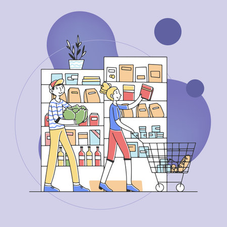 Young couple buying products at grocery store flat vector illustration. Male and female cartoon characters choosing food and putting items in cart. Consumerism and supermarket conceptのイラスト素材