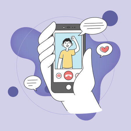 Hand holding smartphone with mobile app flat vector illustration. Happy man waving from cellphone...
