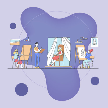 Beautiful female model sitting in chair and posing flat vector illustration. Young artists painting at art classroom on easels. Education and workshop concept.のイラスト素材