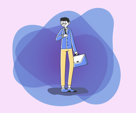 Young businessman in suit and with briefcase flat vector illustration. Male cartoon character in eyeglasses looking at hand watch. Business, job and work conceptのイラスト素材