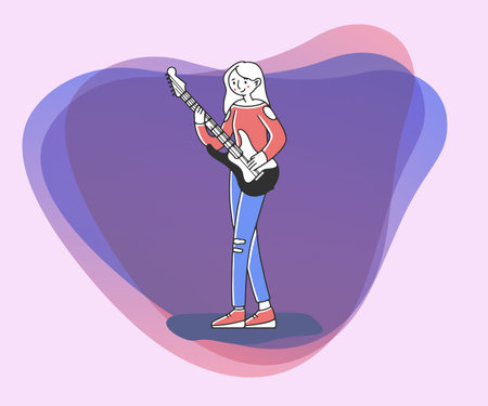 Young woman with electric guitar flat vector illustration. Female musician playing musical instrument. Music, hobby, concert concept.のイラスト素材