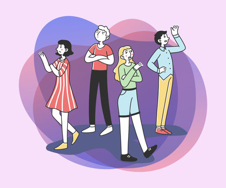 Selfish young people with arrogant and angry behavior flat vector illustration. Characters standing...