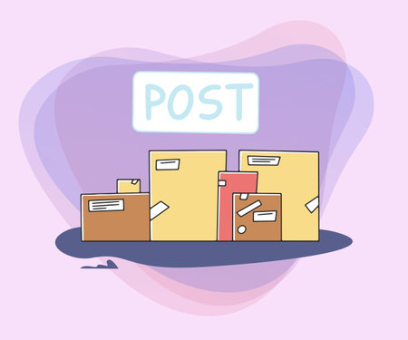 Parcel boxes and post signboard flat vector illustration. Shipping, delivering or collecting parcels in post office. Delivery department, post, logistic concept.のイラスト素材