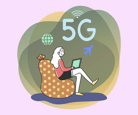 Girl with laptop sitting in bean bag chair. Mobile phone user enjoying 5G high speed wireless...
