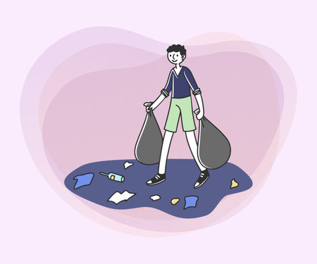 Boy garbage collecting flat vector illustration. Young volunteer with plastic bags taking out rubbish. Vector illustration for voluntary, environment, pollution conceptのイラスト素材