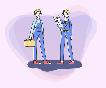 Team of builders on construction site. Engineer and technician in helmets holding tools and blueprints. Vector illustration for teamwork, labor, occupation conceptのイラスト素材