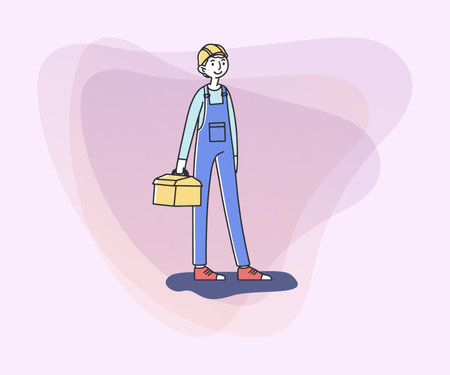 Technician specialist holding toolkit on construction site. Man in helmet and overall. Vector illustration for work, labor, occupation, building conceptのイラスト素材