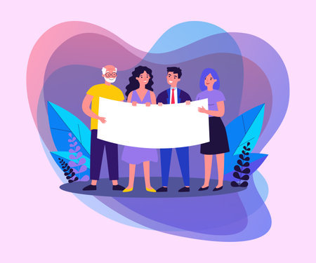 People gathering for protest. Diverse group standing together and holding blank banner flat vector illustration. Position and activism concept for banner, website design or landing web pageのイラスト素材