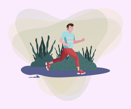 Sportsman running marathon vector illustration. Athlete jogging in the park. Activity, lifestyle, morning, competition concept for banner, web design or landing pageのイラスト素材