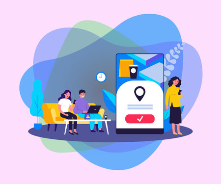 People using online app for food delivery. Customers ordering food in cafe or restaurant and eating at home. Vector illustration for mobile application, takeaway dinner, service conceptのイラスト素材