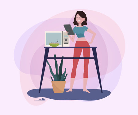 Young housewife using gadget in kitchen at home. Tablet user enjoying leisure flat vector illustration. Wireless technology, internet concept for banner or website designのイラスト素材