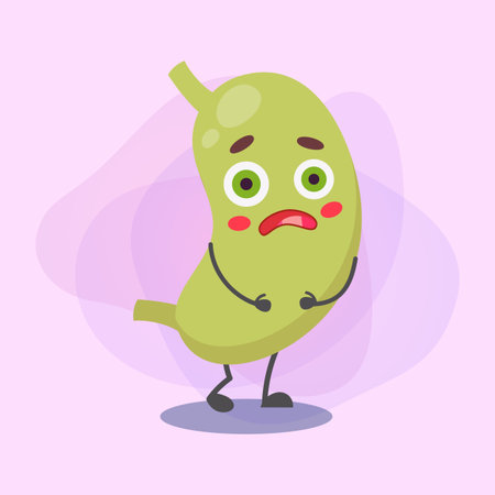 Unhappy stomach cartoon character vector illustration. Unhealthy digestive human organ. Health care, nutrition, emotion concept for banner or web designのイラスト素材