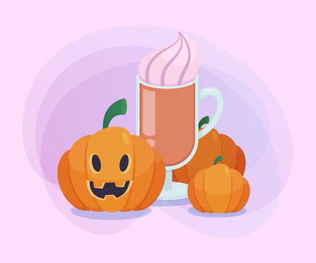 Autumn seasonal drink, pumpkins on abstract background. Halloween banner design. Celebration, holiday, party, treat concept. Vector illustration for invitation or posterのイラスト素材