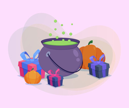 Huge cauldron with boiling potion among pumpkins and gift boxes on abstract background. Halloween banner design. Celebration, holiday, party concept. Vector illustration for postcard or posterのイラスト素材