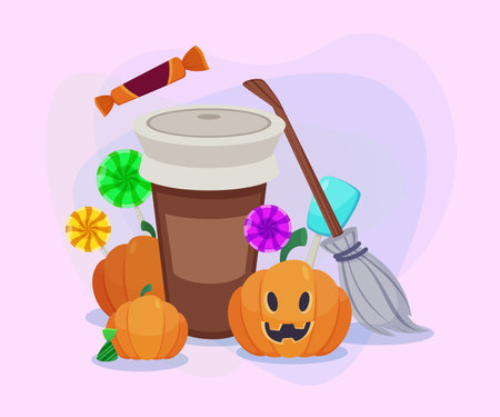 Takeaway cup with hot drink, pumpkins, broom and lollipops on abstract background. Halloween banner design. Celebration, holiday, party, autumn concept. Vector illustration for invitation or posterのイラスト素材