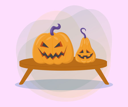 Pumpkin lanterns on table on abstract background. Halloween banner design. Halloween celebration, holiday, carving, party concept. Vector illustration for invitation, postcard or posterのイラスト素材