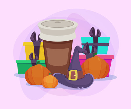 Pumpkins, witch hat, takeaway cup with hot drink, gift boxes on abstract background. Halloween banner design. Celebration, holiday concept. Vector illustration for invitation or posterのイラスト素材