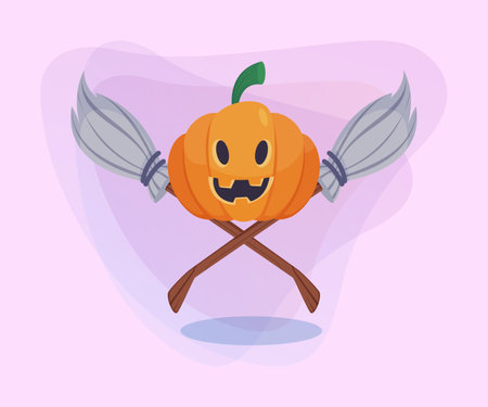 Jack-o-lantern and brooms on abstract background. Halloween banner design. Halloween celebration, holiday, party concept. Vector illustration for poster, postcard or invitationのイラスト素材