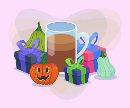 Huge glass cup with hot coffee, pumpkins and gift boxes. Halloween or autumn banner design. Halloween celebration, holiday, party concept. Vector illustration for postcard or invitationのイラスト素材