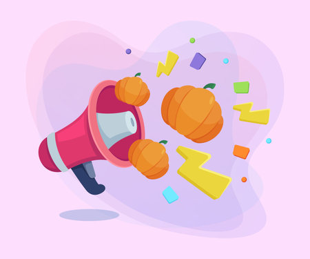 Huge loudspeaker with pumpkins on abstract background. Halloween banner design. Celebration, holiday, advertising concept. Vector illustration for poster or invitationのイラスト素材