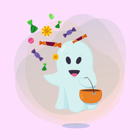 Cute ghost character with cauldron and sweets on abstract background. Halloween banner design. Celebration, holiday, party concept. Vector illustration for invitation or posterのイラスト素材