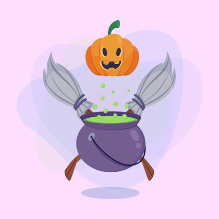 Big cauldron with boiling potion, witch broom and pumpkin lantern on abstract background. Halloween banner design. Celebration, holiday, party concept. Vector illustration for invitation or posterのイラスト素材