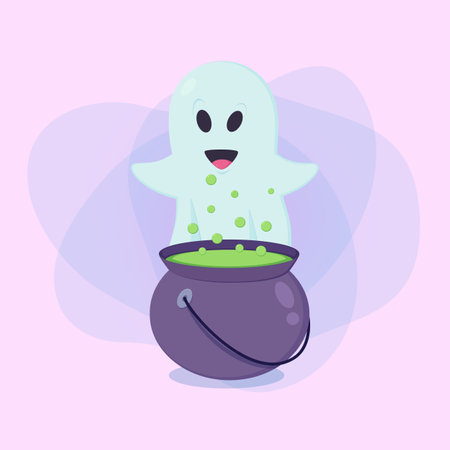 Cute ghost brewing potion in caldron on abstract background. Halloween banner design. Celebration, holiday, party concept. Vector illustration for invitation or posterのイラスト素材