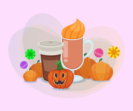 Autumn drinks, pumpkins and lollipops on abstract background. Halloween banner design. Celebration, holiday, party, autumn concept. Vector illustration for invitation or posterのイラスト素材