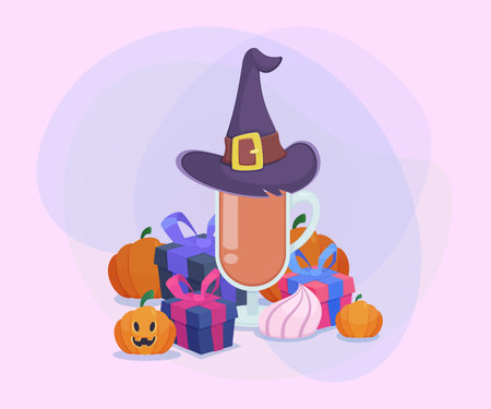 Witch hat on glass cup with latte drink, pumpkins and gift boxes on abstract background. Halloween banner design. Celebration, holiday concept. Vector illustration for invitation or posterのイラスト素材