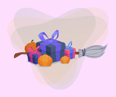 Gift boxes, witch broom and pumpkins on abstract background. Halloween banner design. Celebration, holiday, autumn concept. Vector illustration for invitation or posterのイラスト素材