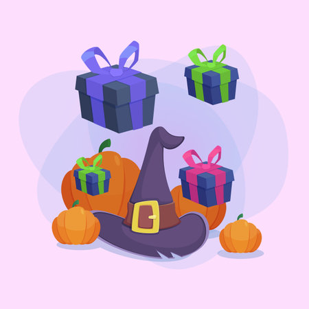 Witch hat among pumpkins and gift boxes on abstract background. Halloween banner design. Celebration, holiday, party concept. Vector illustration for invitation or posterのイラスト素材