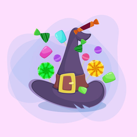 Huge witch hat among sweets, candies and lollipops on abstract background. Halloween banner design. Celebration, holiday, party concept. Vector illustration for invitation or posterのイラスト素材