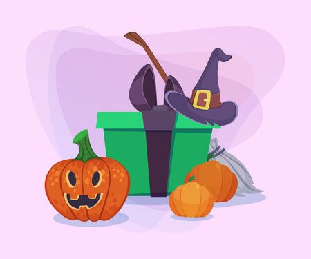 Huge gift box, witch hat and broom, jack-o-lantern and pumpkins on abstract background. Halloween banner design. Celebration, holiday, party concept. Vector illustration for invitation or posterのイラスト素材