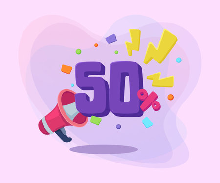 Loudspeaker announcement about fifty percent discount vector illustration on abstract background. Sale, shopping, discount, advertising concept. Can be used for poster or banner designのイラスト素材
