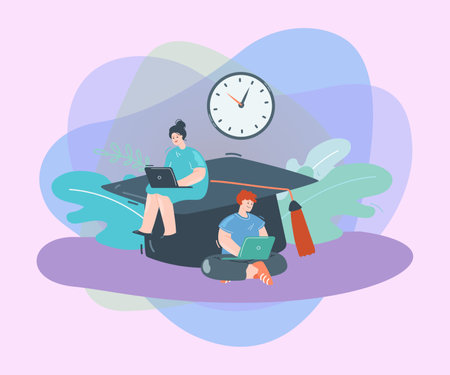 Big graduation hat and students studying on laptops. Girl and boy doing homework flat vector illustration. Online education, graduation concept for banner, website design or landing web pageのイラスト素材