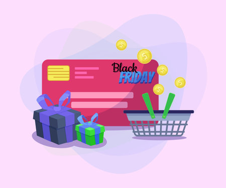 Black Friday lettering on credit card. Shopping basket, gift boxes and gold coins. Sale, shopping, money, advertising concept. Vector illustration can be used for poster or banner designのイラスト素材