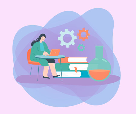 Chemist or researcher working on laptop. Woman sitting at table next to huge laboratory flask and books flat vector illustration. Chemistry, science concept for banner, website design or landing pageのイラスト素材