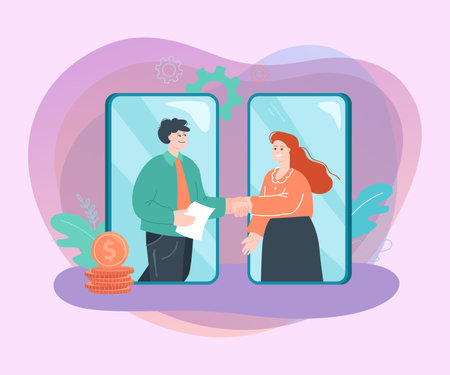 Business people on phone screens shaking hands. Employee and employer making deal flat vector illustration. Finances, employment, cooperation concept for banner, website design or landing web pageのイラスト素材