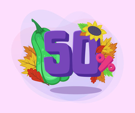 Autumn special offer with fifty percent discount vector illustration. Green pumpkin, autumn leaves and sunflower on abstract background. Sale, shopping, bonus concept. Can be used for banner designのイラスト素材